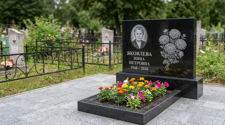Гравировка хризантем на памятник в Ростове-на-Дону — пример работы на граните