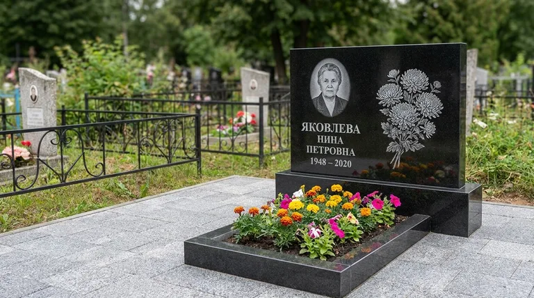 Памятник с гравировкой хризантем — выполненная работа «Соколов» в Ростове-на-Дону