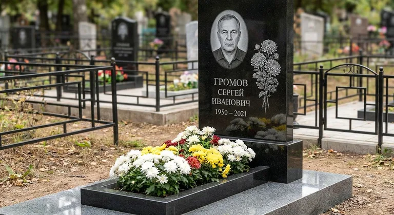 Памятник с гравировкой хризантем — выполненная работа «Громов» в Ростове-на-Дону