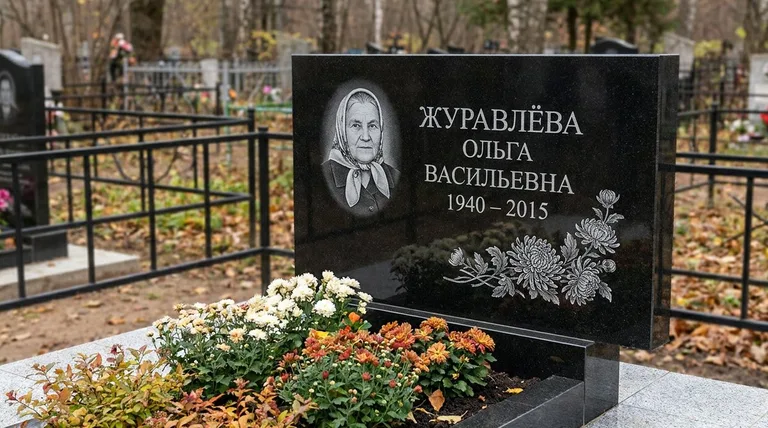 Памятник с гравировкой хризантем — выполненная работа «Журавлёва» в Ростове-на-Дону
