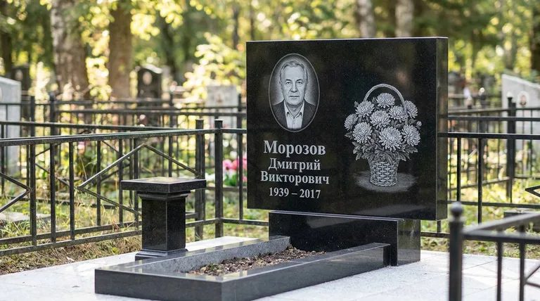 Памятник с гравировкой хризантем — выполненная работа «Морозов» в Ростове-на-Дону