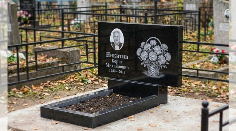 Памятник с гравировкой хризантем — выполненная работа «Никитин» в Ростове-на-Дону