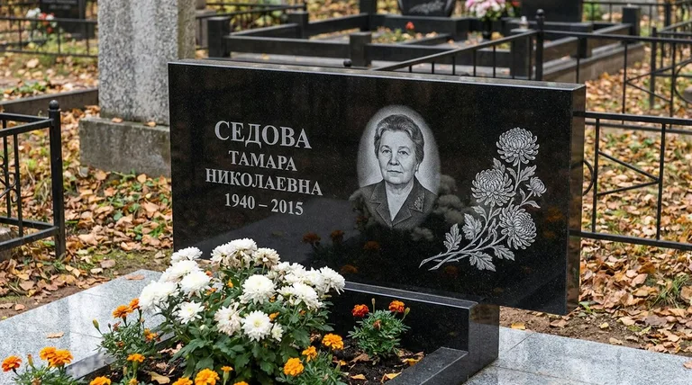 Памятник с гравировкой хризантем — выполненная работа «Седова» в Ростове-на-Дону