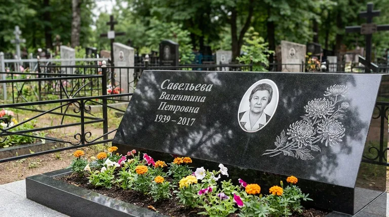 Памятник с гравировкой хризантем — выполненная работа «Савельева» в Ростове-на-Дону