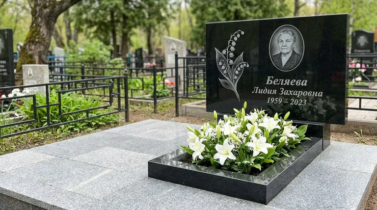 Памятник с гравировкой ландышей — выполненная работа «Беляева» в Ростове-на-Дону