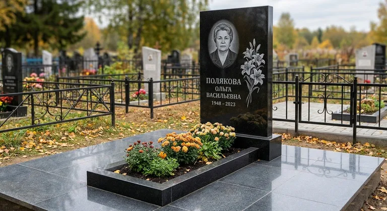 Памятник с гравировкой лилий — выполненная работа «Полякова» в Ростове-на-Дону