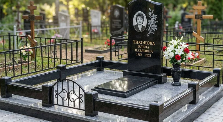 Памятник с гравировкой лилий — выполненная работа «Тихонова» в Ростове-на-Дону