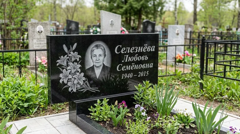 Памятник с гравировкой лилий — выполненная работа «Селезнёва» в Ростове-на-Дону