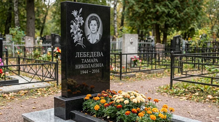 Памятник с гравировкой лилий — выполненная работа «Лебедева» в Ростове-на-Дону