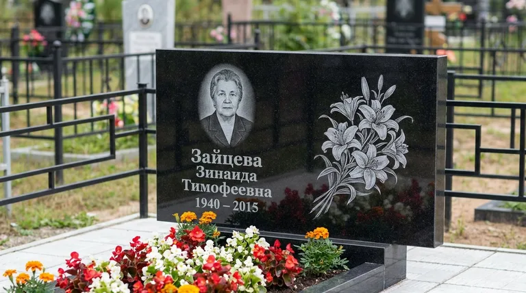 Памятник с гравировкой лилий — выполненная работа «Зайцева» в Ростове-на-Дону