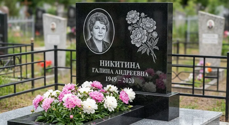 Памятник с гравировкой пионов — выполненная работа «Никитина» в Ростове-на-Дону