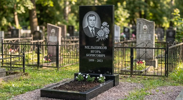 Памятник с гравировкой пионов — выполненная работа «Мельников» в Ростове-на-Дону