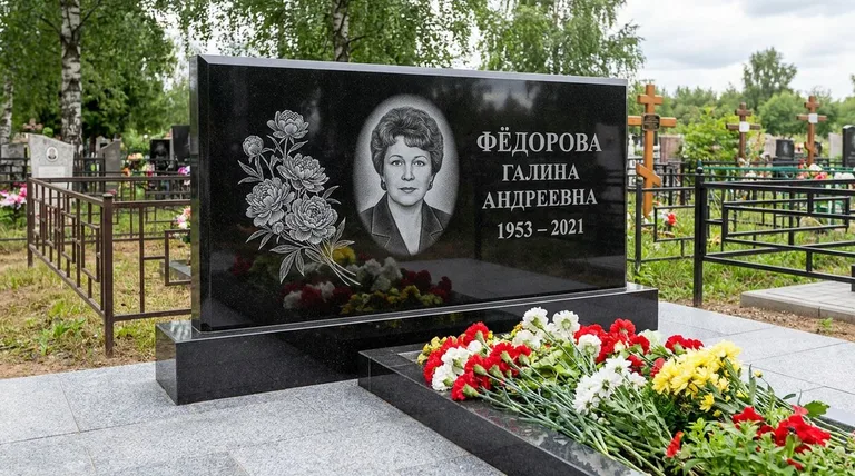 Памятник с гравировкой пионов — выполненная работа «Фёдорова» в Ростове-на-Дону