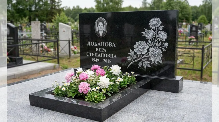 Памятник с гравировкой пионов — выполненная работа «Лобанова» в Ростове-на-Дону