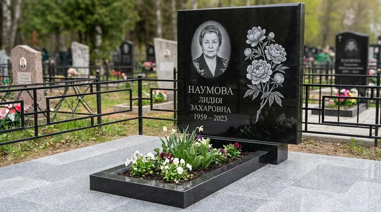 Памятник с гравировкой пионов — выполненная работа «Наумова» в Ростове-на-Дону