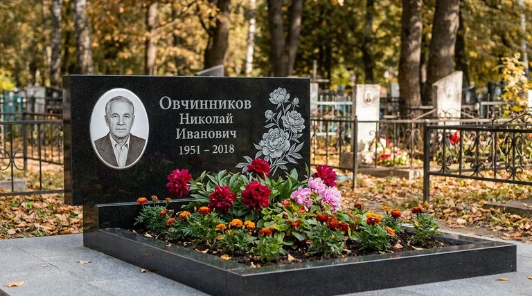 Памятник с гравировкой пионов — выполненная работа «Овчинников» в Ростове-на-Дону