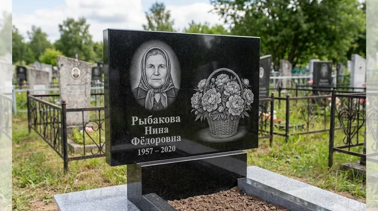 Памятник с гравировкой пионов — выполненная работа «Рыбакова» в Ростове-на-Дону