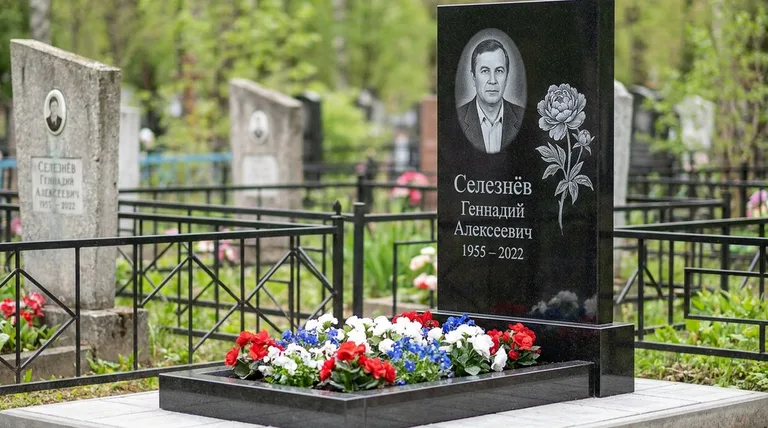 Памятник с гравировкой пионов — выполненная работа «Селезнёв» в Ростове-на-Дону