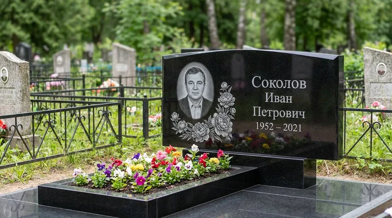 Памятник с гравировкой пионов — выполненная работа «Соколов» в Ростове-на-Дону
