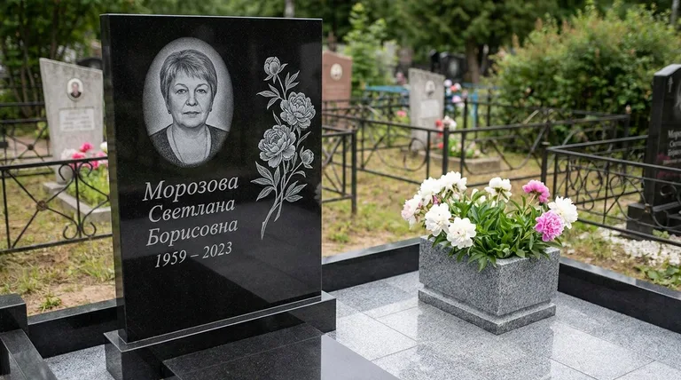 Памятник с гравировкой пионов — выполненная работа «Морозова» в Ростове-на-Дону