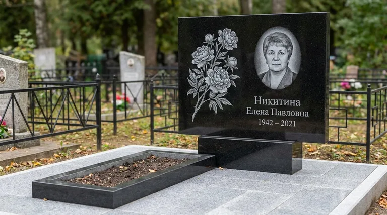 Памятник с гравировкой пионов — выполненная работа «Никитина» в Ростове-на-Дону