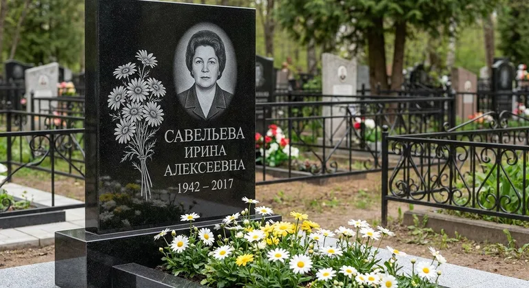 Памятник с гравировкой ромашек — выполненная работа «Савельева» в Ростове-на-Дону