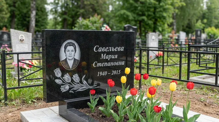Памятник с гравировкой тюльпанов — выполненная работа «Савельева» в Ростове-на-Дону