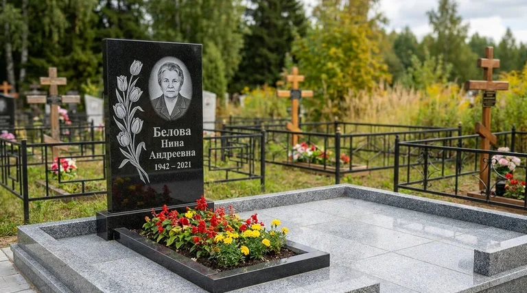 Памятник с гравировкой тюльпанов — выполненная работа «Белова» в Ростове-на-Дону
