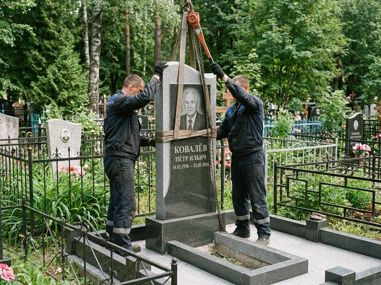 Демонтаж памятника на кладбище в Ростове-на-Дону — бригада аккуратно снимает старый гранитный памятник с могилы