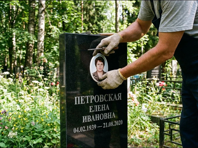 Фото на керамике на памятник в Ростове-на-Дону — мастер устанавливает овальный керамический портрет на гранитный памятник