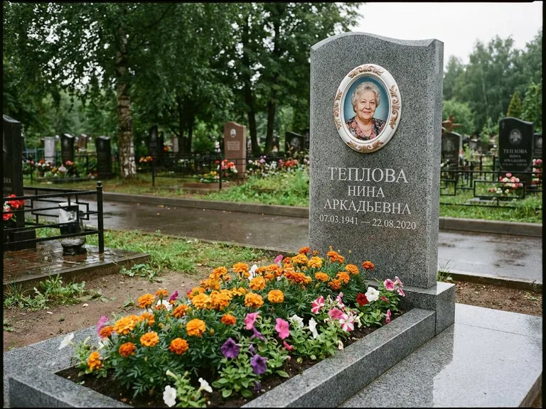 Керамический портрет на памятнике с цветами в Ростове-на-Дону