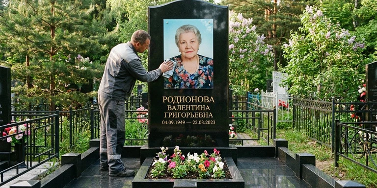 Фотокерамика и печать фото на памятник в Ростове-на-Дону — мастер устанавливает цветной портрет на стекле на гранитный памятник