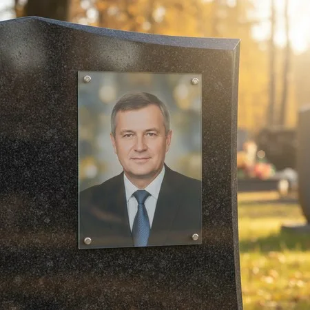 Портрет на стекле на держателях на чёрном граните в Ростове-на-Дону