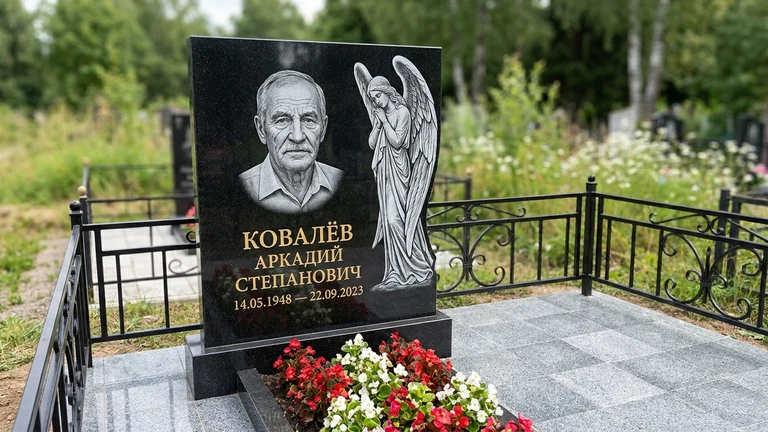 Гравировка ангела на памятник в Ростове-на-Дону — памятник из чёрного гранита с гравировкой