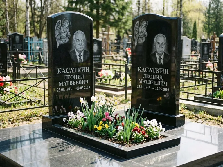 Памятник с гравировкой ангела — гравировка молящегося ангела в верхней части стелы, работа «Касаткин» в Ростове-на-Дону