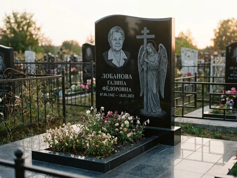 Памятник с гравировкой ангела — гравировка ангела с крестом рядом с эпитафией, работа «Лобанова» в Ростове-на-Дону