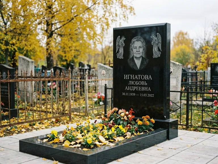 Памятник с гравировкой ангела — гравировка двух ангелов по сторонам портрета, работа «Игнатова» в Ростове-на-Дону