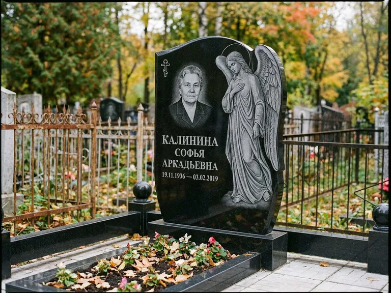 Памятник с гравировкой ангела — гравировка ангела с крестом рядом с эпитафией, работа «Игнатова» в Ростове-на-Дону