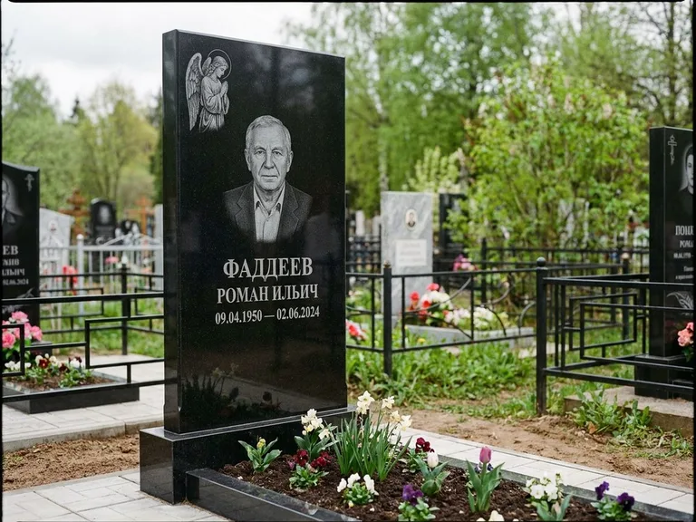 Памятник с гравировкой ангела — гравировка молящегося ангела в верхней части стелы, работа «Фаддеев» в Ростове-на-Дону