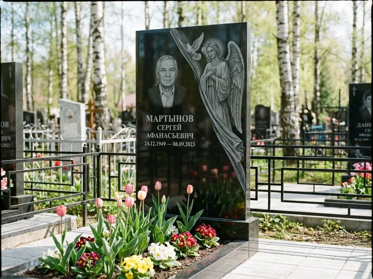 Памятник с гравировкой ангела — гравировка двух ангелов по сторонам портрета, работа «Касаткин» в Ростове-на-Дону