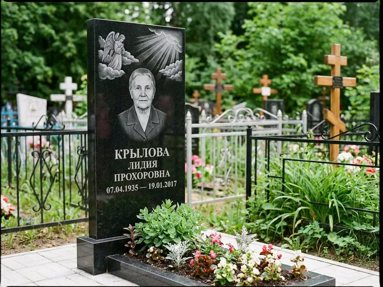 Памятник с гравировкой ангела — гравировка ангела в облаках с лучами над портретом, работа «Лобанова» в Ростове-на-Дону