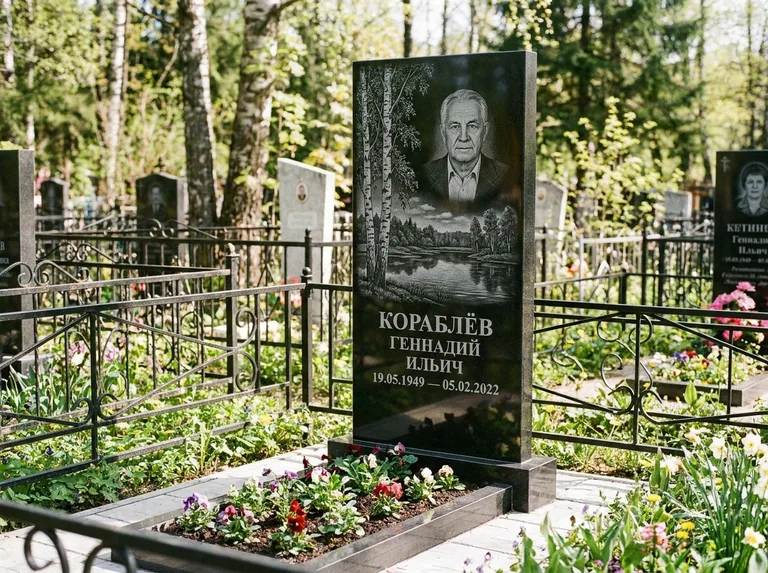 Памятник с гравировкой берёзы — гравировка берёзы у зеркального озера, работа «Кораблёв» в Ростове-на-Дону