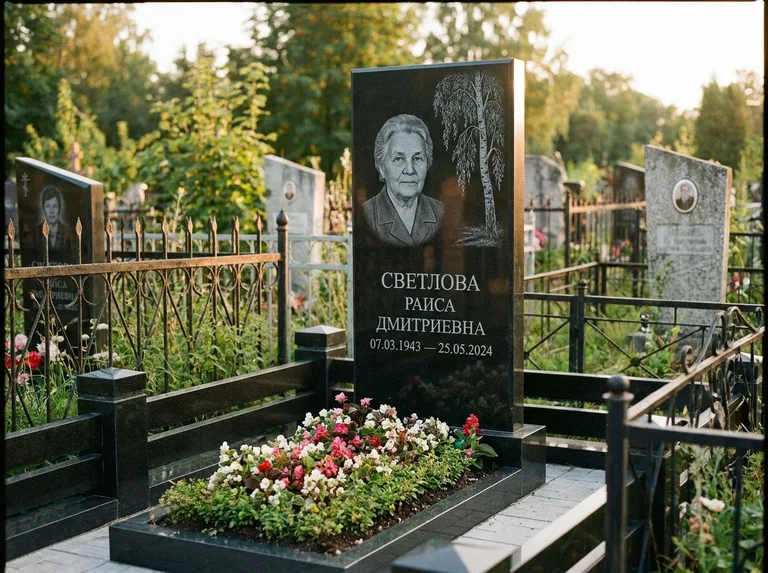 Памятник с гравировкой берёзы — гравировка плакучей берёзы с тонкими ветвями, работа «Светлова» в Ростове-на-Дону