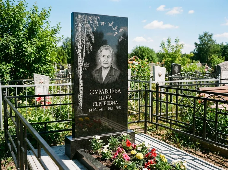 Памятник с гравировкой берёзы — гравировка берёзы с журавлиным клином в небе, работа «Журавлёва» в Ростове-на-Дону