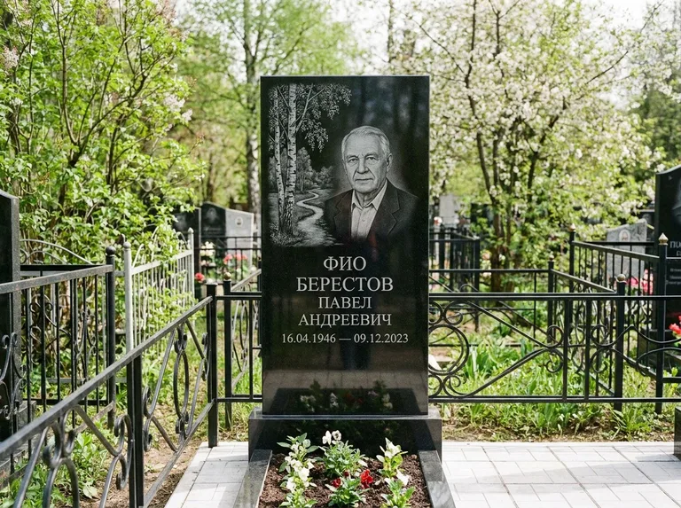 Памятник с гравировкой берёзы — гравировка берёзы у тропинки, уходящей вдаль, работа «Берестов» в Ростове-на-Дону
