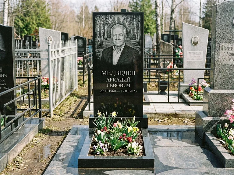 Памятник с гравировкой берёзы — гравировка берёзовой рощи в глубину, работа «Медведев» в Ростове-на-Дону