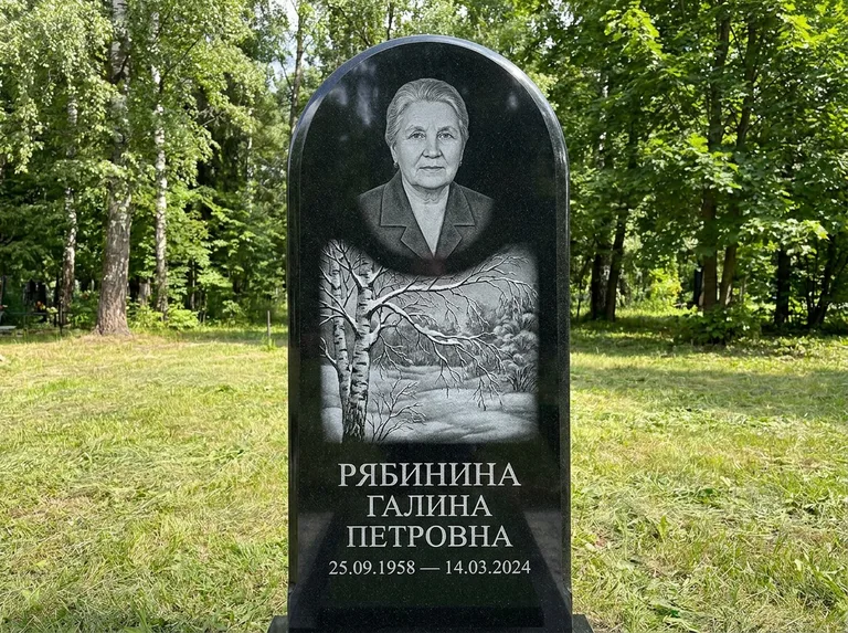 Памятник с гравировкой берёзы: стела с плавным арочным верхом — зимняя берёза, снег на ветвях, газон без ограды, стриженая трава, работа «Рябинина» в Ростове-на-Дону