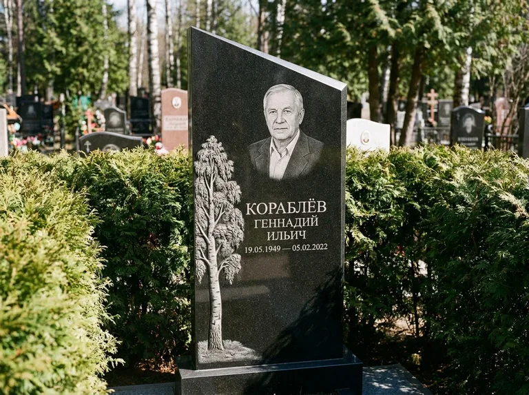 Памятник с гравировкой берёзы: асимметричная скошенная стела — объёмная одинокая берёза с фактурной корой, живая изгородь из туи, работа «Кораблёв» в Ростове-на-Дону