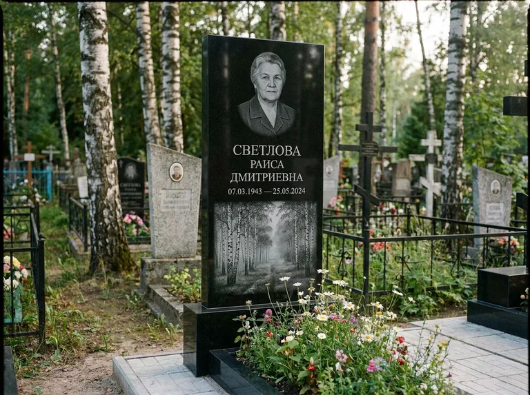 Памятник с гравировкой берёзы: двойная семейная стела — берёзовая роща в лёгкой дымке, цветник с полевыми цветами, работа «Светлова» в Ростове-на-Дону