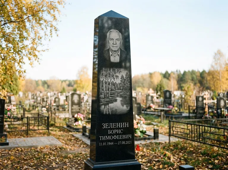 Памятник с гравировкой берёзы: гранёный обелиск-колонна — берёза у воды с отражением, открытый участок, мягкий свет, работа «Зеленин» в Ростове-на-Дону